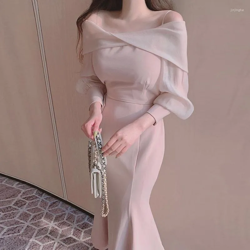 Casual Dresses Korean Chic Elegant Slash Off The Shoulder Mermaid Dress Women Wrap Hip Puff Long Sleeve Club Vestidos De Mujer Slim