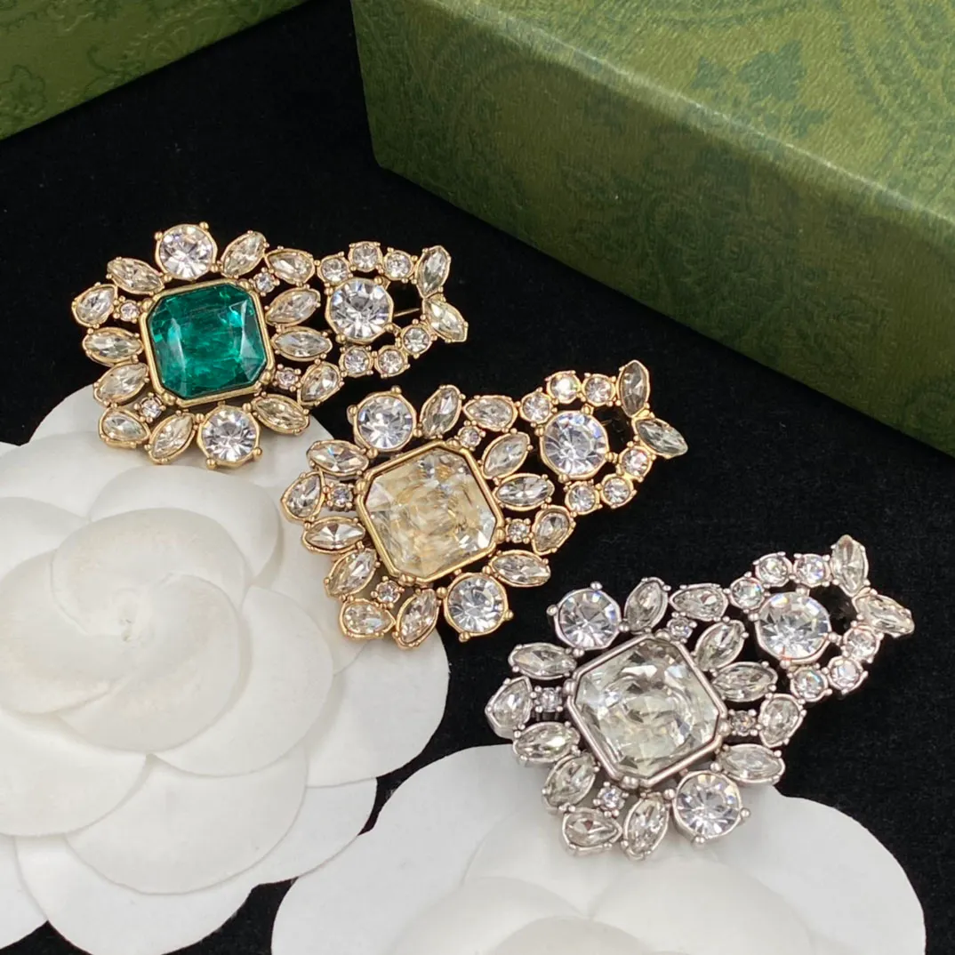 Brooches classic style white green gemstone gold and silver edge luxury brooch designer for woman girl lady celebrity same style broche gift jewelry with box bride