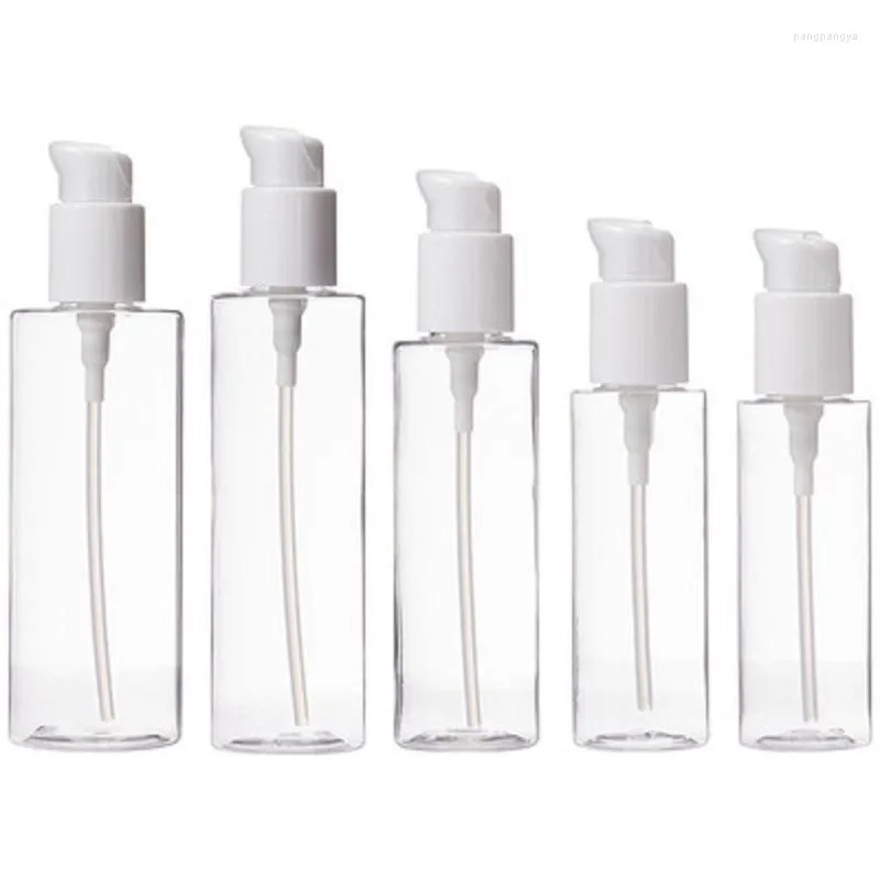 Butelki do przechowywania 100 ml - 250 ml pusta przezroczysta plastikowa butelka biały pierścień z pokrywą prasową pompę napełniającą kosmetykę pojemnik na opakowanie kosmetyczne