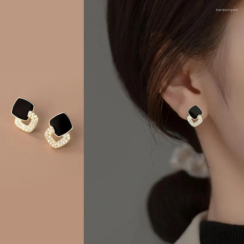 Boucles d'oreilles Stud Korea S925 STERLING Silver femelle Zircon Black Hollow Square Sweet Brinco Fine Jewelry Yme952