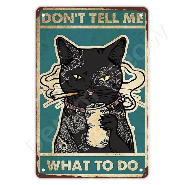 Funny Metal Tin Sign Black Cat Sewing Beautiful Things Come