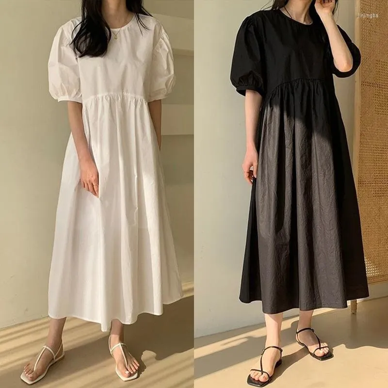 Casual Dresses Korean Loose Crew Puff Short Sleeve White Dress Women Pocket Vestidos Mujer Summer 2022 Robe Goth Maxi Y2k Black