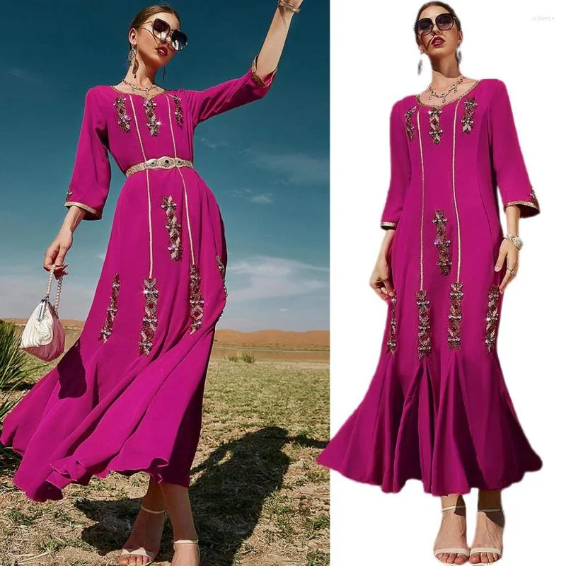 Ropa étnica Vestido de fiesta de diamantes de imitación marroquí Mujeres Vestido largo musulmán Dubai Turquía Medio Oriente Árabe Abaya Islámico Jalabiya Caftan Ramadán