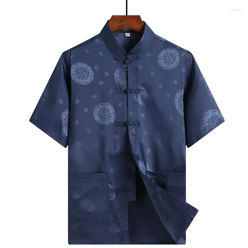 قمصان رجالية غير رسمية من الحرير والساتان تانغ قميص رجالي بأكمام قصيرة بنمط صيني ملابس كلاسيكية بسيطة مطبوعة بمقاسات كبيرة