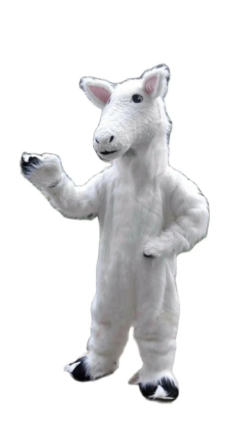 Vestido de cavalo branco peludo mascote de peles de peles longas roupas de peles