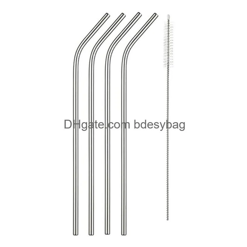 metal reusable straw 304 stainless steel straight curved drinking straws with cleaning brush for coffee tea