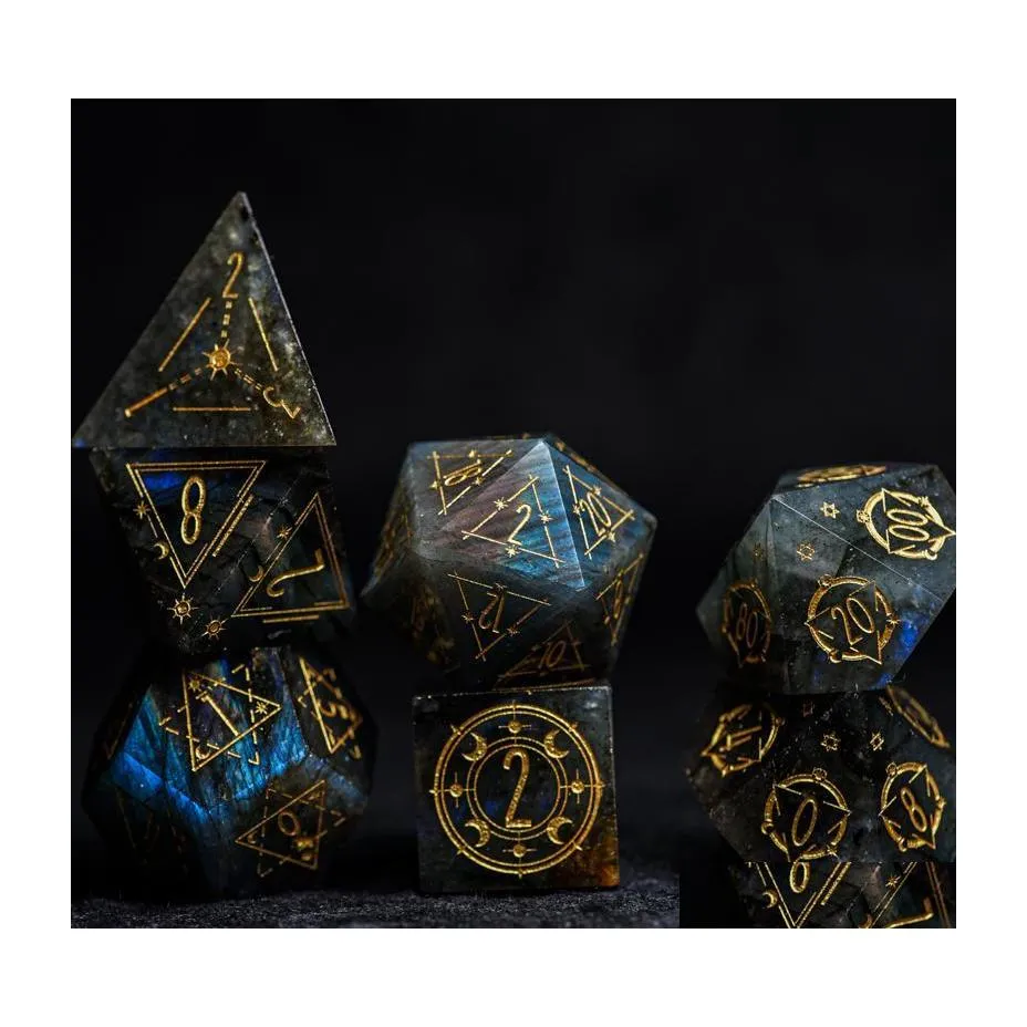 Autres Gems Natural Labradorite Dice Magic Matrix Symbole Stone Stone Grave Polyéddral Starry Sky pour DND RPG COC TABLE GAYSOR DROP DE DHZMI
