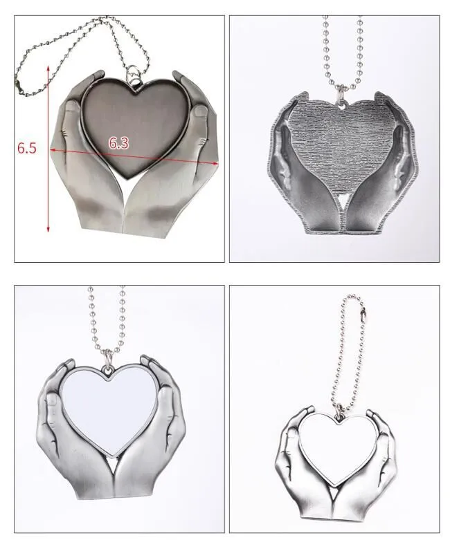 Sublimation Metal Blanks Ornaments Pendants Hand Holding Heart Car Decoration Silver Grey Party Supplies Hang Gifts