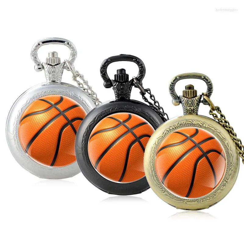 Pocket Watches Fashion Basketball Design Glass Cabochon Quartz Watch Vintage Men Women Black Pendant Necklace Chain Hours Clock