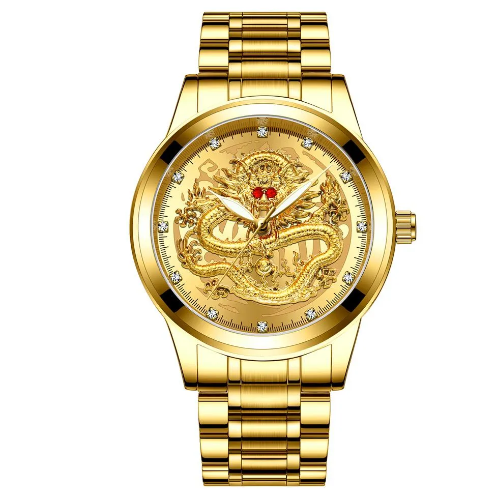 Nya varum￤rkesguld Dragon Watches Ruby rostfritt st￥l kvarts manliga mode diamanter armbandsur charm man aff￤rsklocka200l
