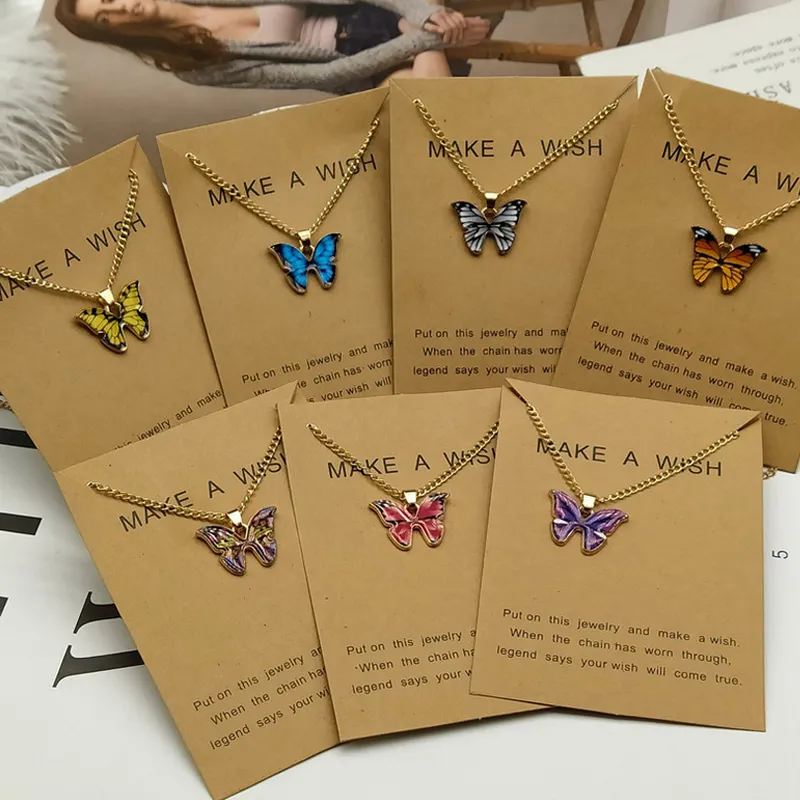 Multicolor Butterfly Pendant Necklace with Wish Card Cute Butterfly Clavicle Chain Necklaces Gift for Love Friend