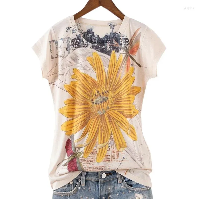 Dames t shirts mode boren print shirt shirt met korte mouwen dames slanke o-neck tops zomer 2022 tee femme