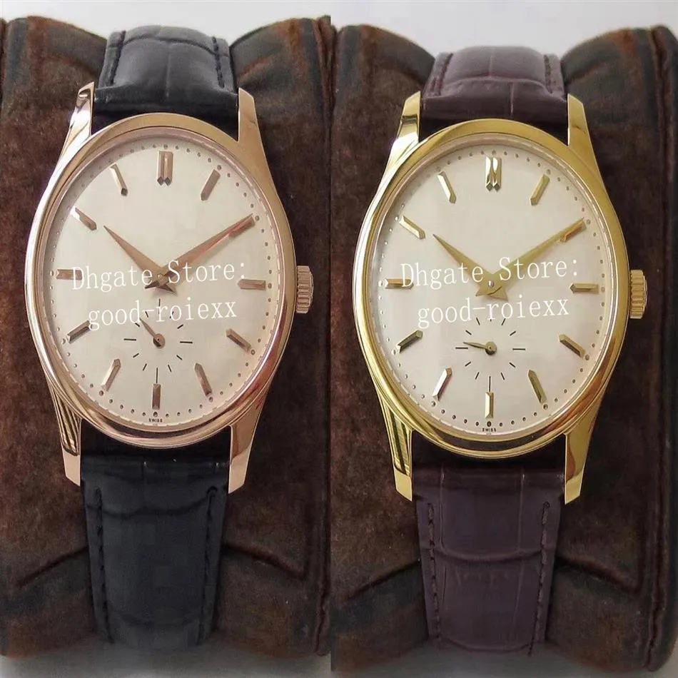 Medelstora 37 mm lyxig gul rosguldklocka Mens St19 Mekanisk hand-winde-rörelse 5196 ETA tittar på Calatrava Leather Women Wrist263C