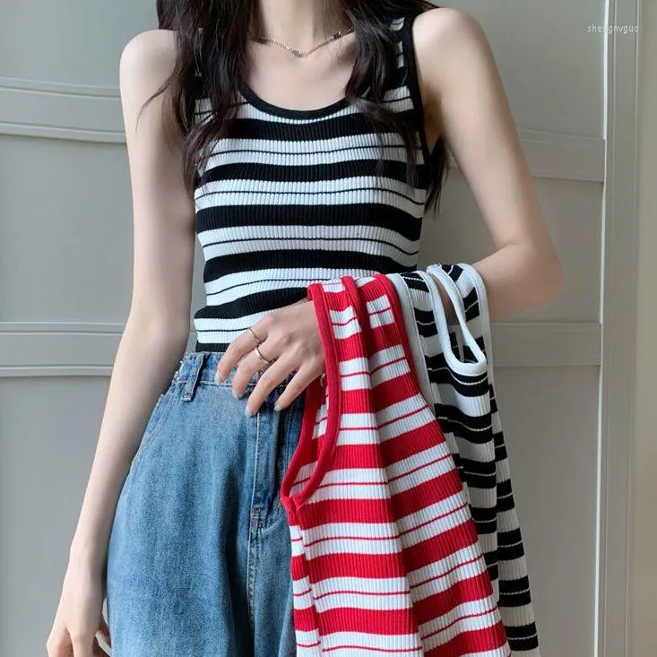 Women's Tanks Stripe Knitted Sleeveless Small Vest For Women With Red Fashionable Short Top In Summer 2022