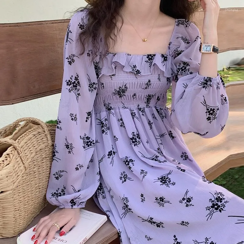 Casual Dresses Temperament Square Waist Ruffled Long Sleeve Purple Floral Dress Women Vestido Slim Puff Robe Elegant Chic Midi A Line