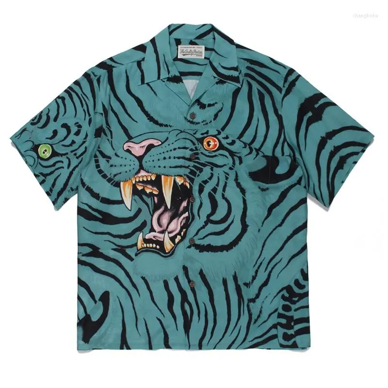 Blue Tiger Print WACKO MARIA Hawaiian Cheap Oversized Graphic Tees