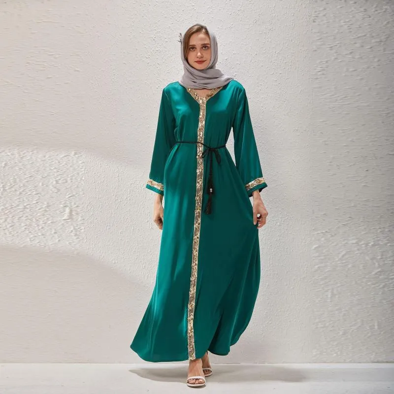 Ethnische Kleidung, große Größe, arabische Stickerei, Pailletten, langärmelig, V-Ausschnitt, lässig, locker, elegant, Robe, muslimisches Ramadan-Gebet