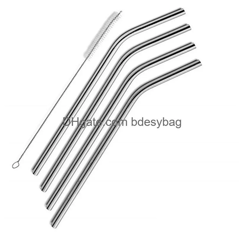 metal reusable straw 304 stainless steel straight curved drinking straws with cleaning brush for coffee tea