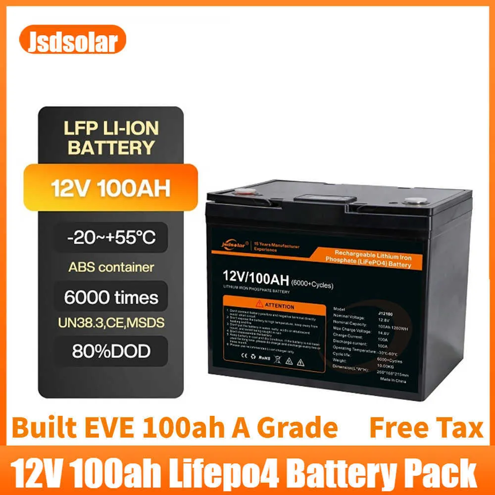 Jsdsolar 6000 Cycles 12.8V 100Ah LiFePo4 Battery Pack Built-in BMS 1.28kw Built Eve Cells 12v with LCD Display Screen NO TAX