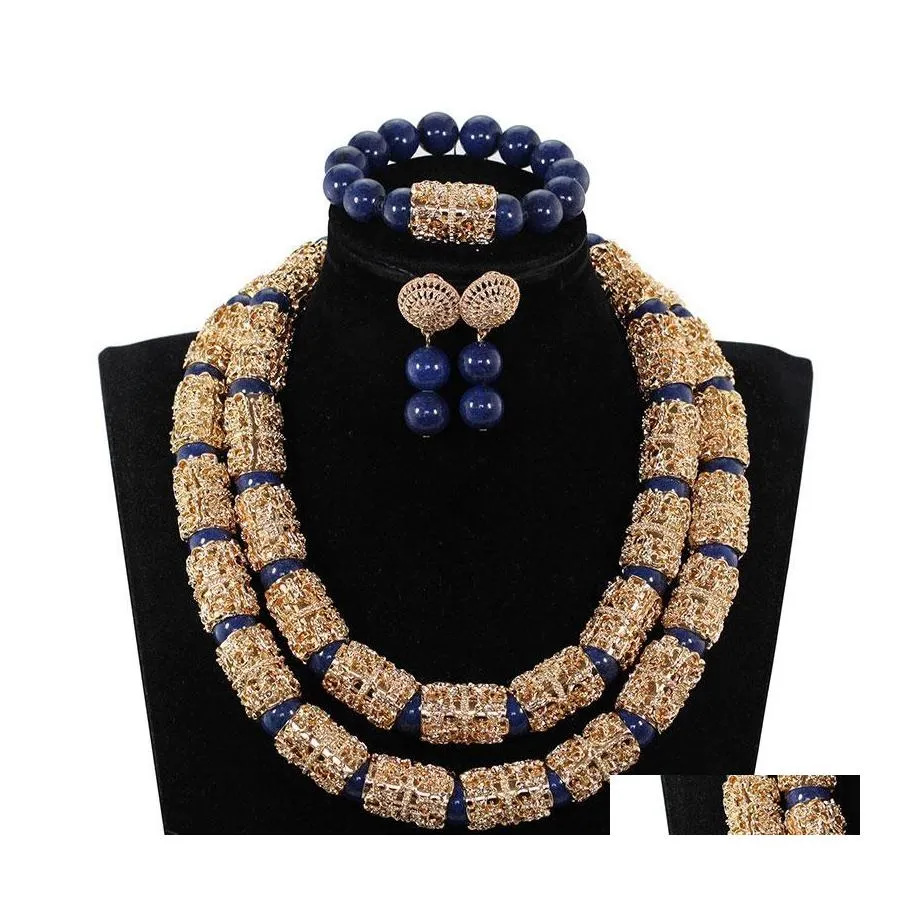 Autre charmant bleu sarcelle 2 couches Dubai or cylindre perles de pierres précieuses accessoire de bijoux mariage nigérian Lc024Other Drop Delivery Dhrqh