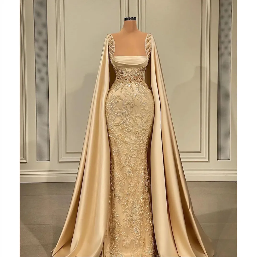 Gold Prom Dresses: Lace Mermaid Evening Gown with Sleeveless Cape, Satin,  Ruffles, Sequins, Appliques, Embroidery, Elegant Celebrity Prom Dress, Plus 