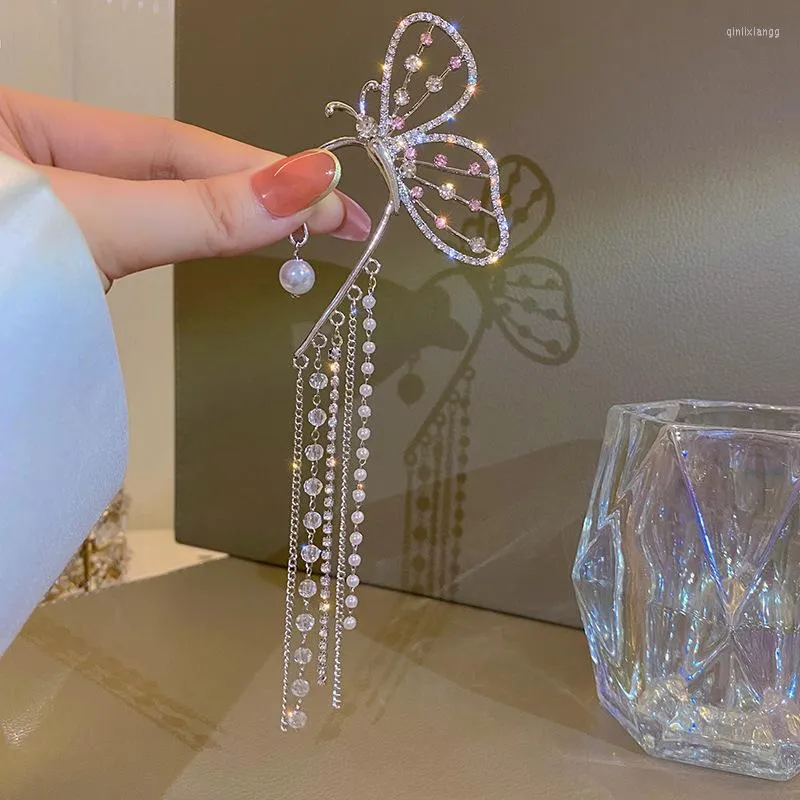 Backs Kolczyki Znakomity kryształowy motyl z cyrkonem długie klipsy douszne do kobiecej perłowej mankietu biżuteria