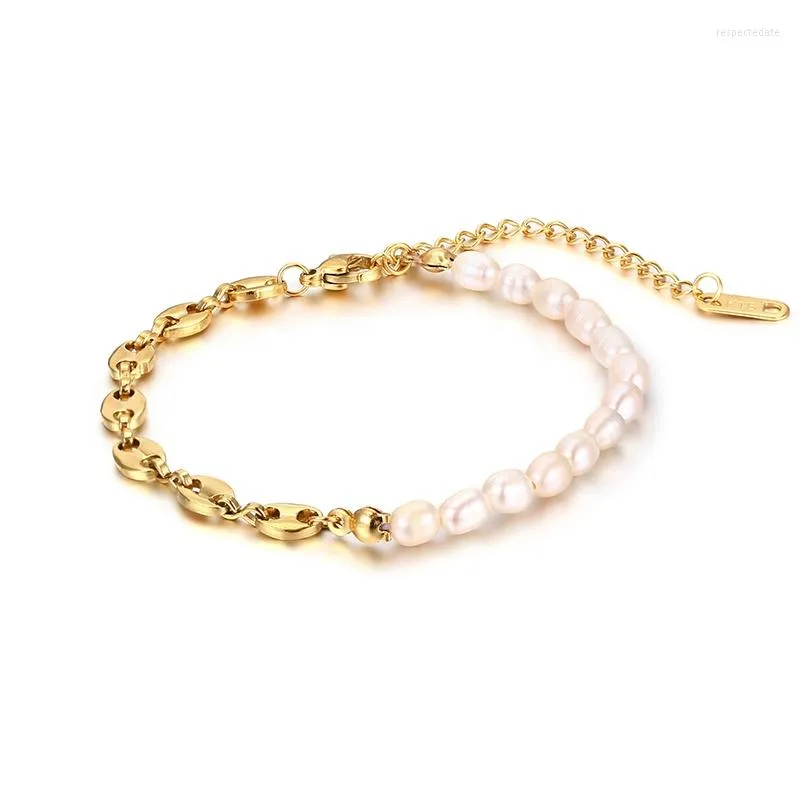 Strand Gold Color Stainless Steel Bracelets Non Tarnish Free Jewelry Coffee Bean Seed Chain Link Natural Fresh Water Pearl Bangle