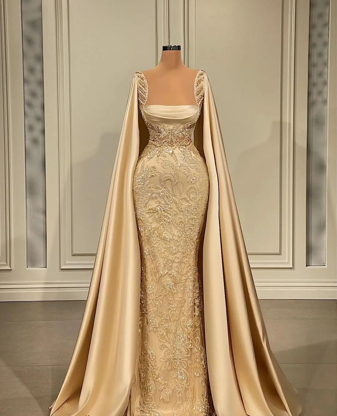 Mermaid Evening Dresses 2024 Gold Lace Satin Sequins Appliques Prom Gowns