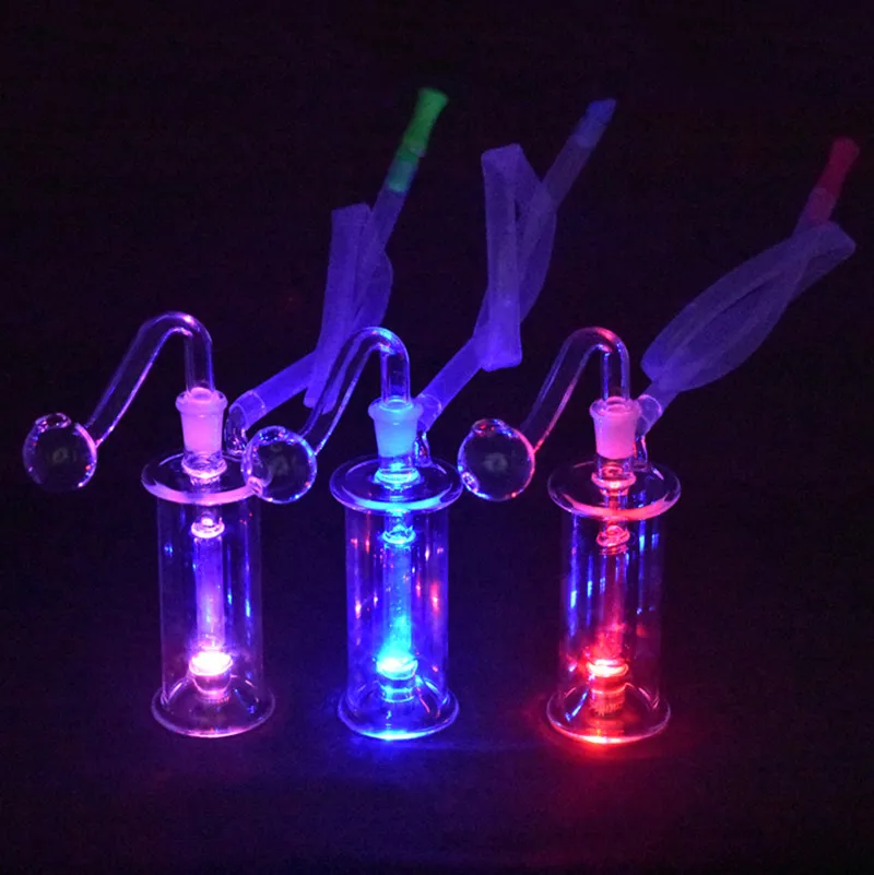 2 ensembles LED Glow verre brûleur à mazout Bong narguilé poche barboteur pipe à fumer grande taille matrice percolater cendrier Bong avec pot d'huile mâle et tube en silicone et accessoires