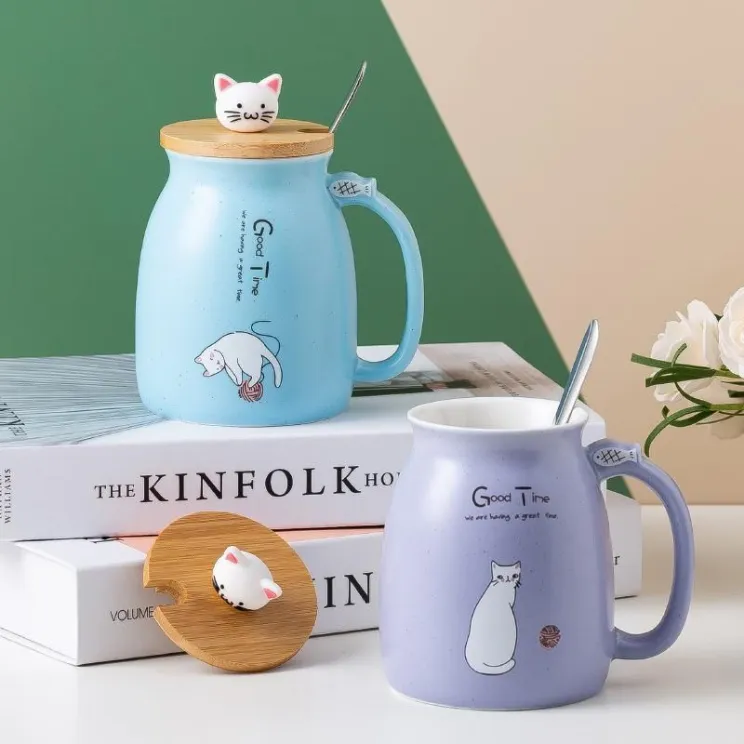 Creative Color Cat Heat-resistant Mug Cartoon with Lid 450ml Cup Kitten Coffee Ceramic Mugs Children Cup Office Drinkware Gift ss1223