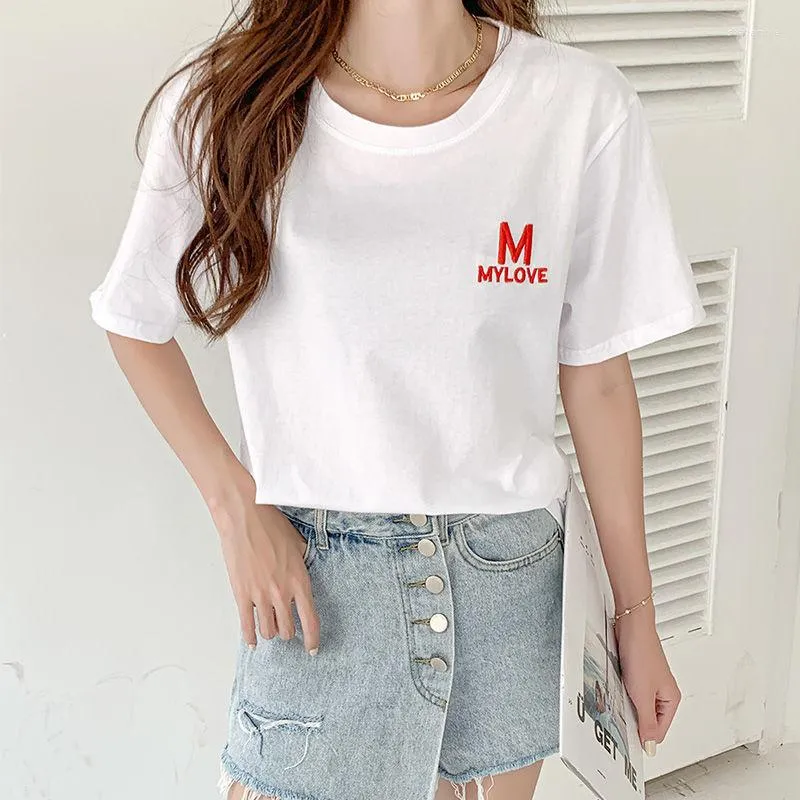 Polos Femme Design Sense T-shirt Manches Courtes Femme Été Ins Super Lettre Broderie Top Blanc Moitié Mode