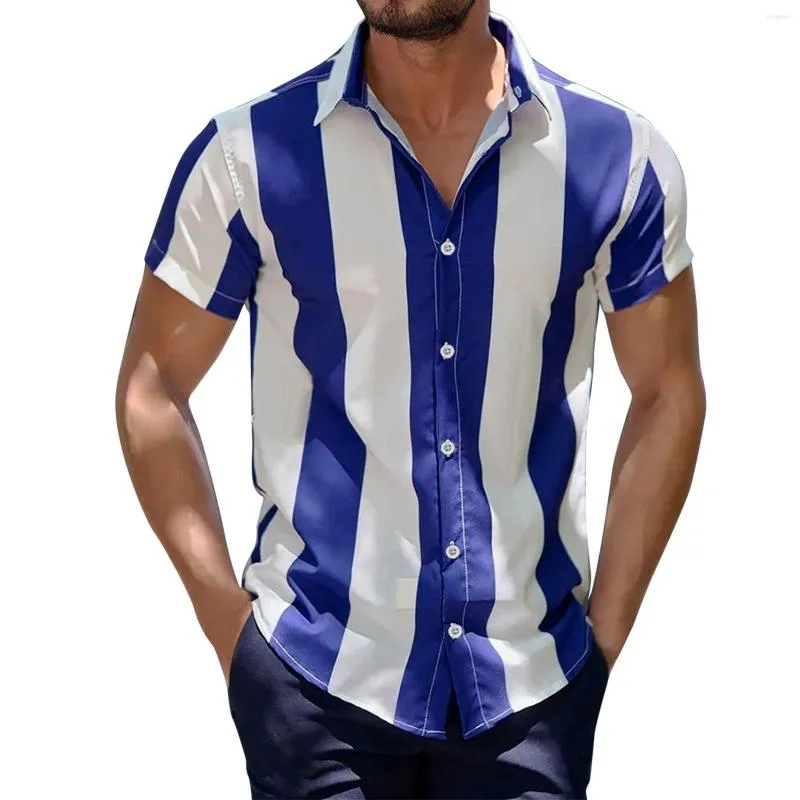 Men's Casual Shirts Man Stylish Button Blouse Summer Tops Masculina Fashion Wide Striped Men Short Sleeve Stand Collar Shirt 2XL