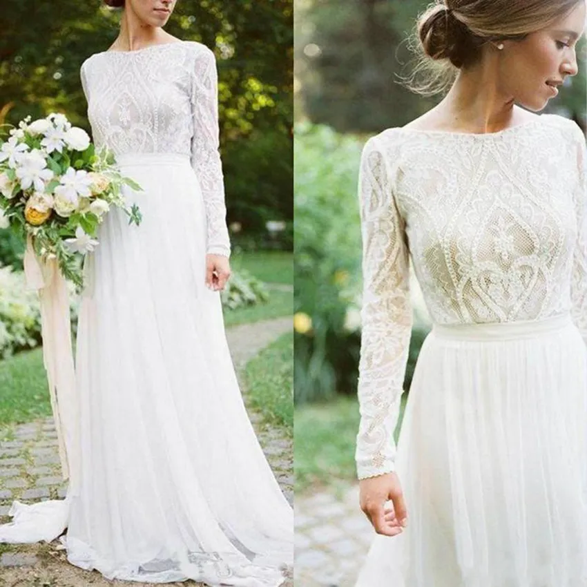 Country Style Bohemian Wedding Dresses A Line Sweep Train Lace Applique Beach Wedding Clows Juvel Neck Chiffon Koho Bridal Dress