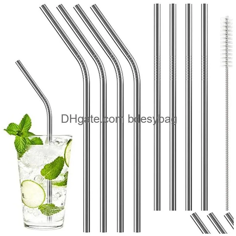 metal reusable straw 304 stainless steel straight curved drinking straws with cleaning brush for coffee tea