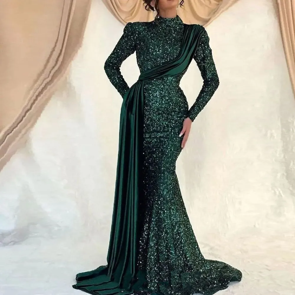 Modest Mermaid Prom Dresses Hunter Green High Neck Long Sleeves Sequined Lace Sequins Muslim Ruffles Arabic Aso Ebi Women Evening Dress 403