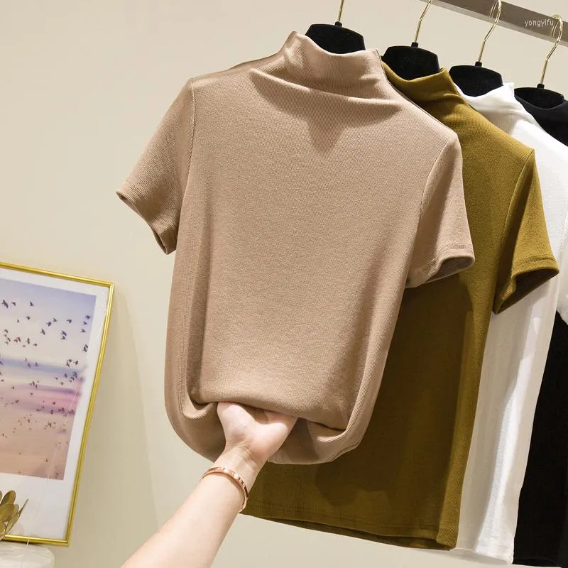 Kvinnors T -skjortor Half Turtleneck Solid Basic Shirt Women 2022 Summer Short Sleeve Slim Tee Femme Fashion Tops