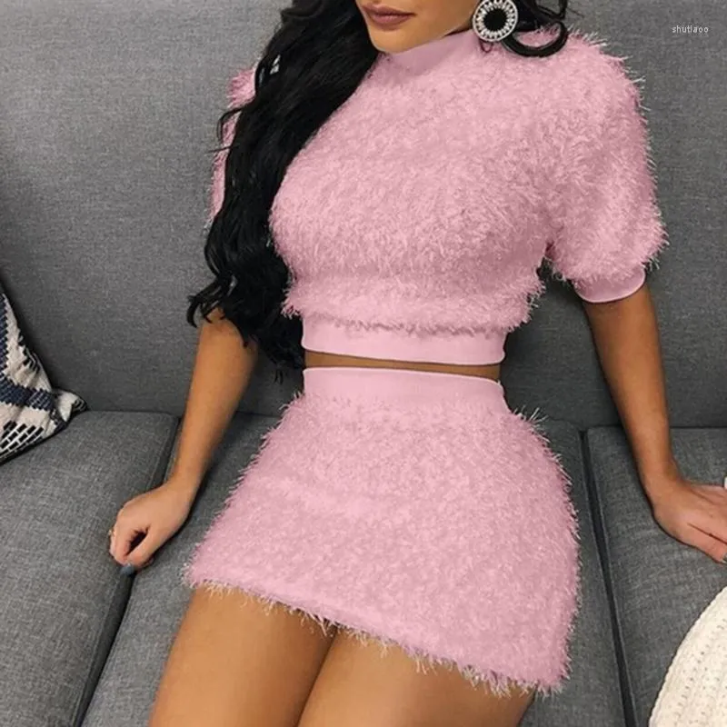 Work Dresses Two Piece Set Women Sweater Pencil Skirt Suit Short Sleeve Fleece Crop Tops Bodycon 2 Pieces Knitted Clothes