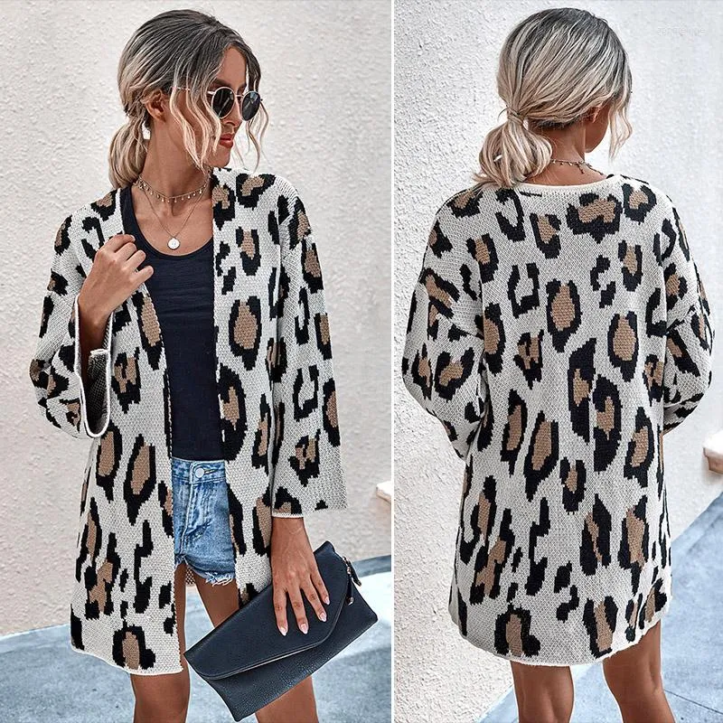 Frauen Strick Sexy Lange Strickjacke Pullover Frauen Herbst Einreiher Leopard Casual Pullover Mantel Damen Winter Kleidung