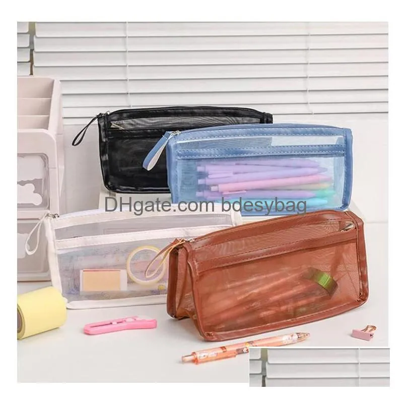 Pencil Bags Mesh Pen Bag Zipper Mtifunctional Makeup Pouch Purse Travel Accessories Drop Delivery Office School Business Industrial Dhfcu