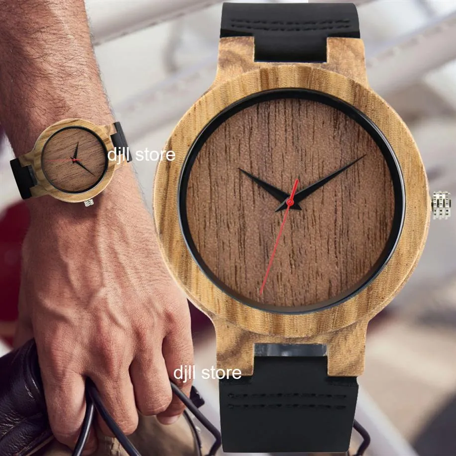 メンズブルーの天然木材時計本物の革製クォーツケースオスの腕時計本物のウッドリストウォッチブラウンファッションcloc248e