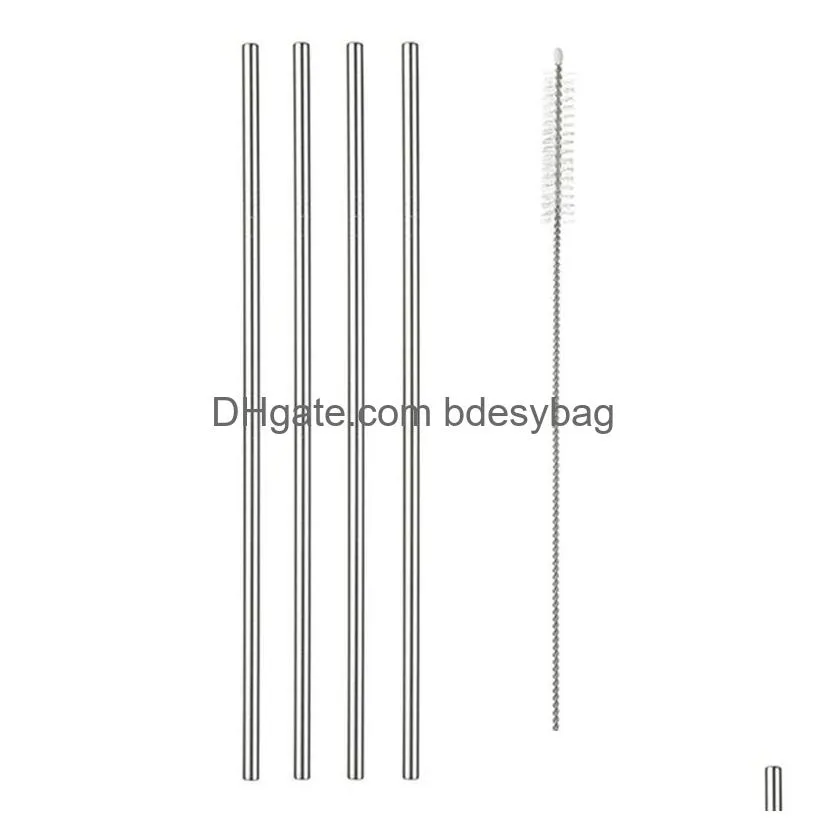 metal reusable straw 304 stainless steel straight curved drinking straws with cleaning brush for coffee tea