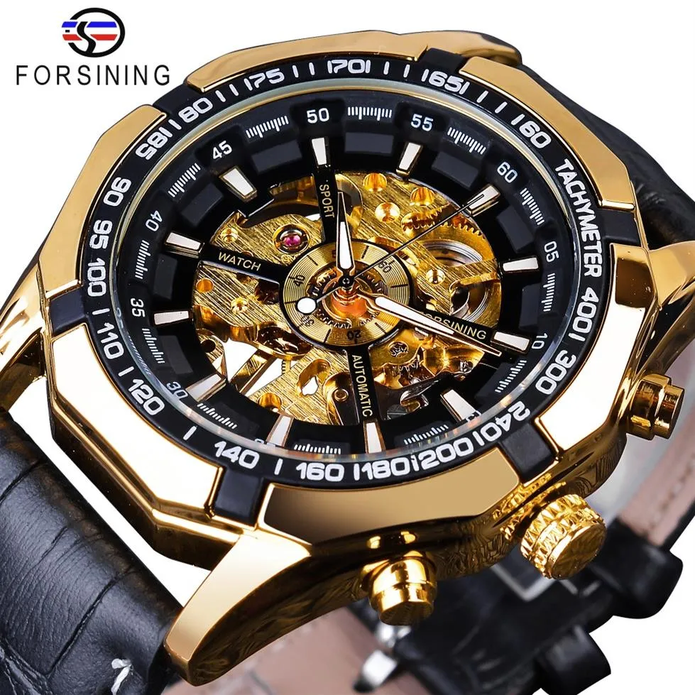 Forsining étanche doré noir squelette horloge deux boutons décoration mécanique montres pour hommes noir véritable cuir 254n