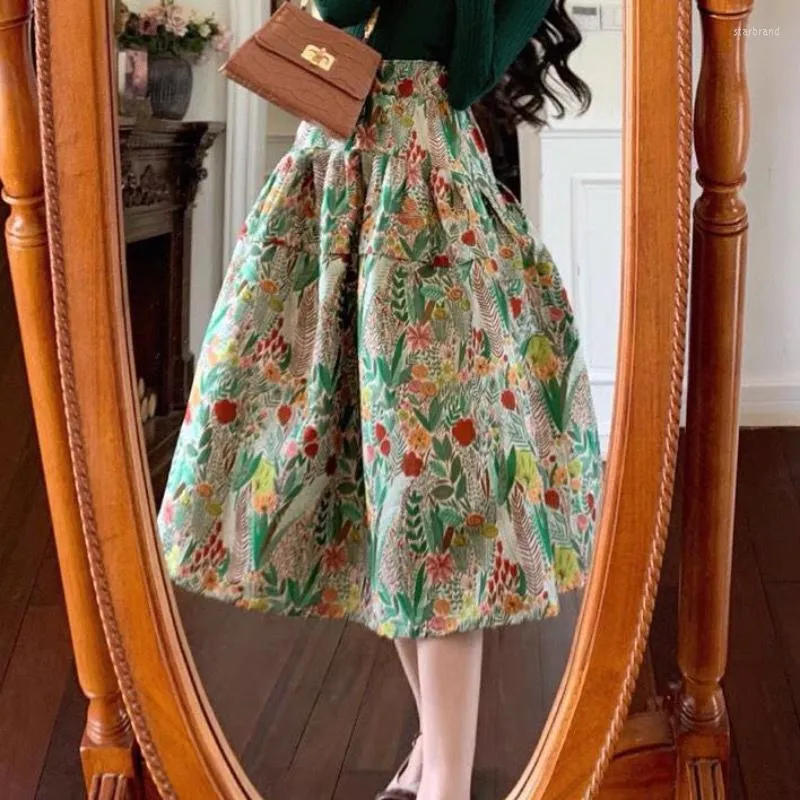 Юбки с высокой талией вышита с цветочной юбкой, женщины плиссированные пухлые jupe faldas largas vintage осенью корейская мода долго