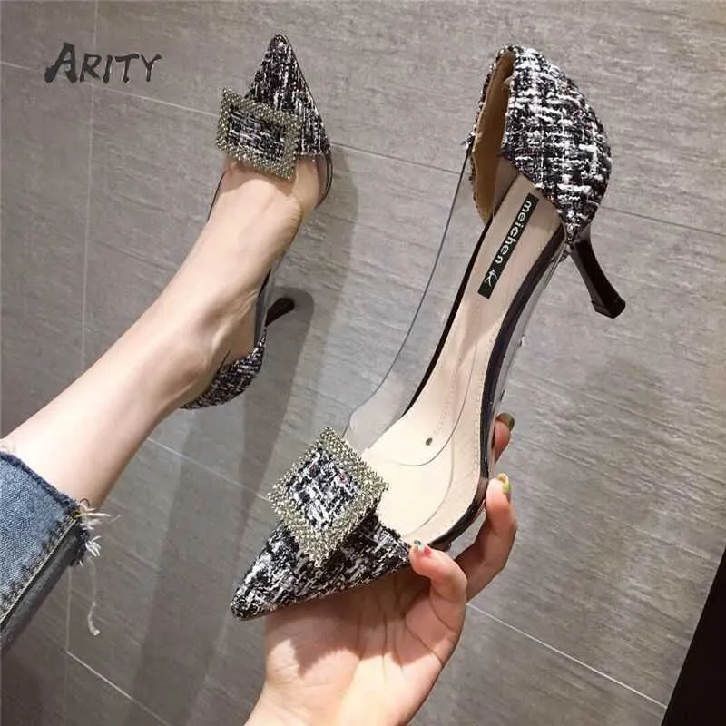 Zapatos de vestir Chica francesa Tacones altos Bombas de estilete para mujer Color mezclado Todo fósforo Hebilla de diamantes de imitación Transparente Puntiagudo Zapatos de vestir de fiesta sexy 221224