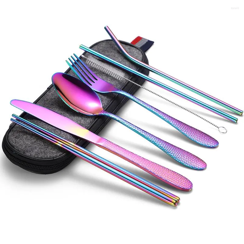 Dinnerware Sets 7PCS Portable Set Stainless Steel Cutlery Chopsticks Fork Spoon Straws Knife Straw Brush For Travel School Office