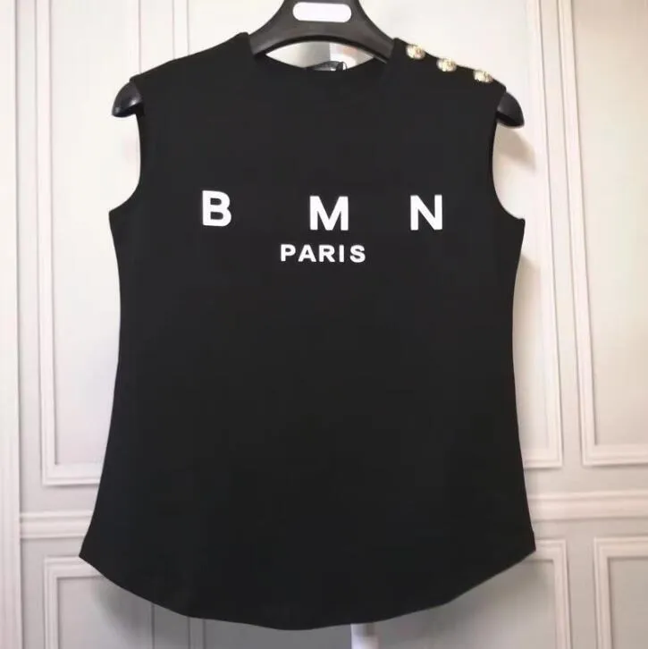 Yaz Tasarımcısı Kadın Tank Top Lüks Pamuklu Kollu Mürettiz Boyun Klasik Düğme Vintage Womens T Shirt