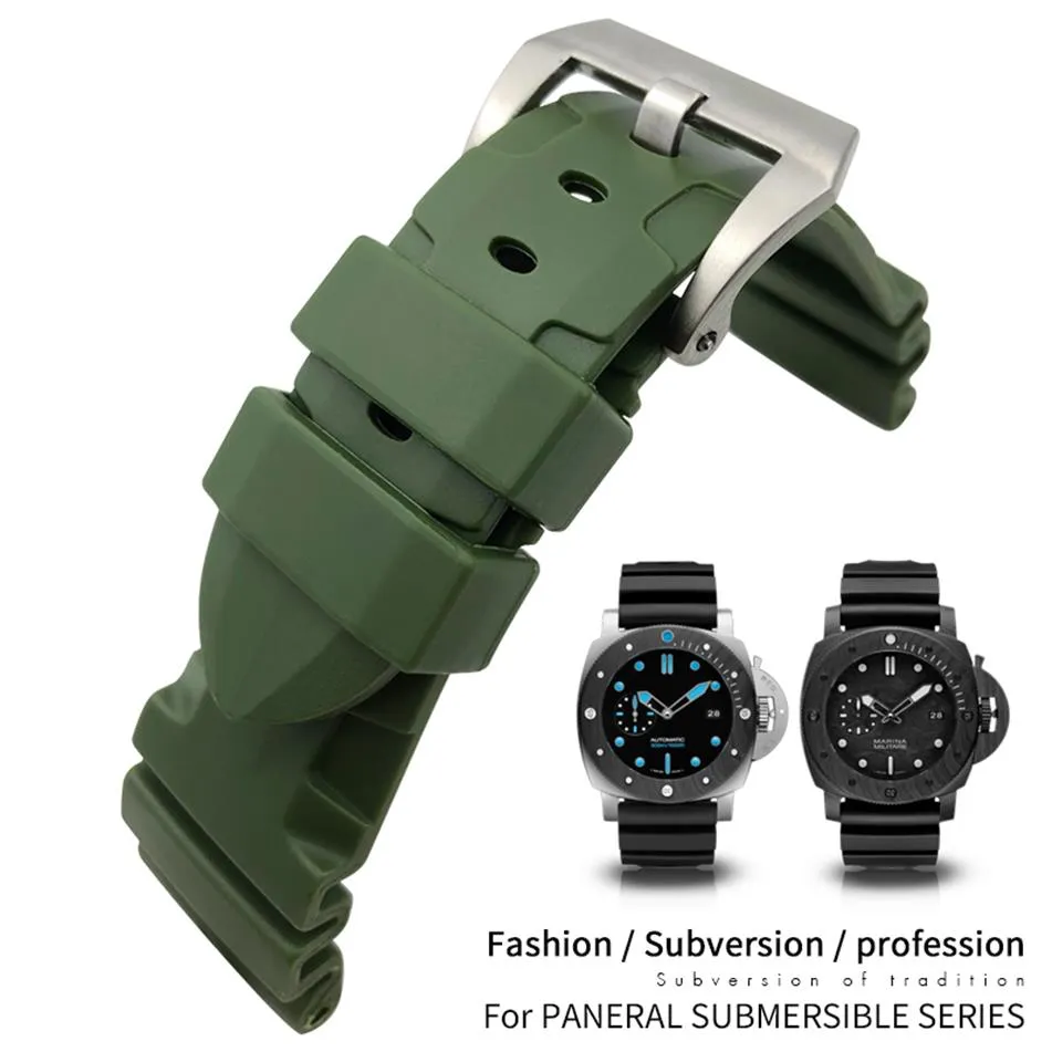 24mm 26mm Rubber Silicone Green Black Blue Watch Band For PAM Stainless Steel Pin Buckle22mm Diving Strap Deployment Clasp Men F241n