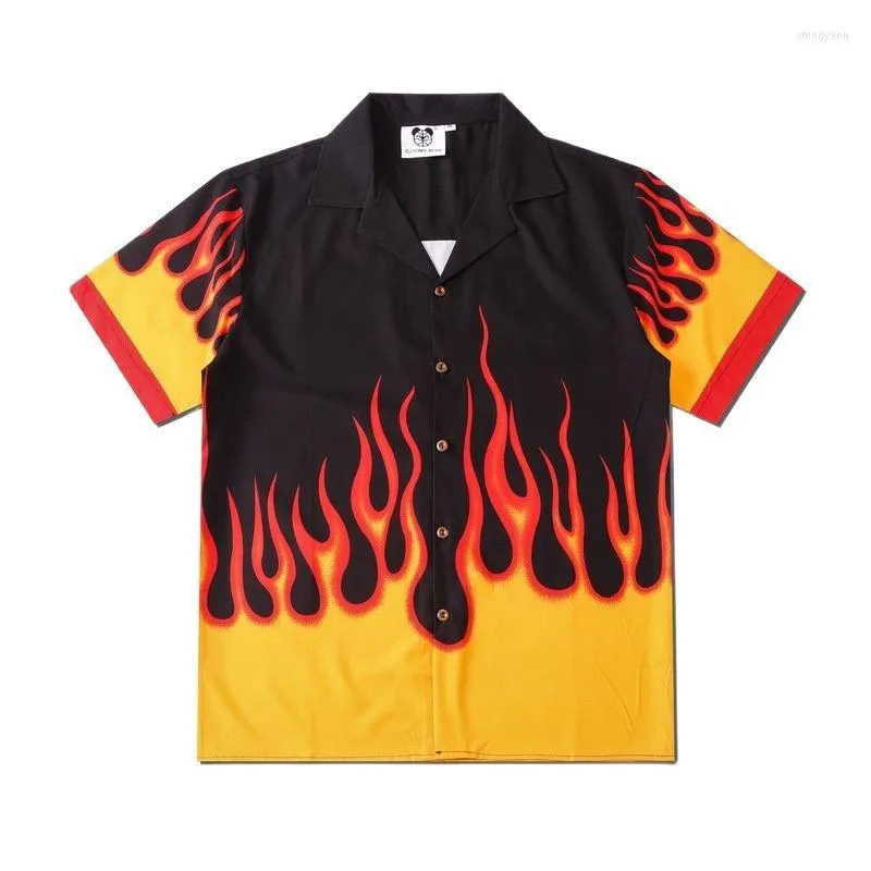Camicie casual da uomo hawaiano per uomo stampa fiamma manica corta estate harajuku hip hop chemise homme camisa masculina