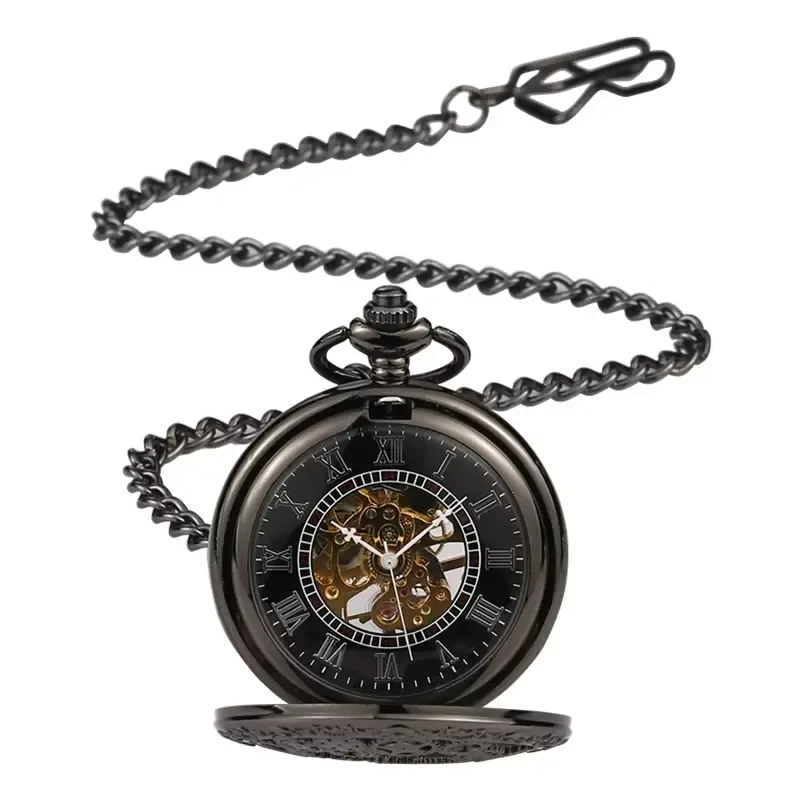Pura pérola preta steampunk retro maquinaria fob relógio de colar de colar de colar de bolso com os homens da cadeia homens presentes do relógio