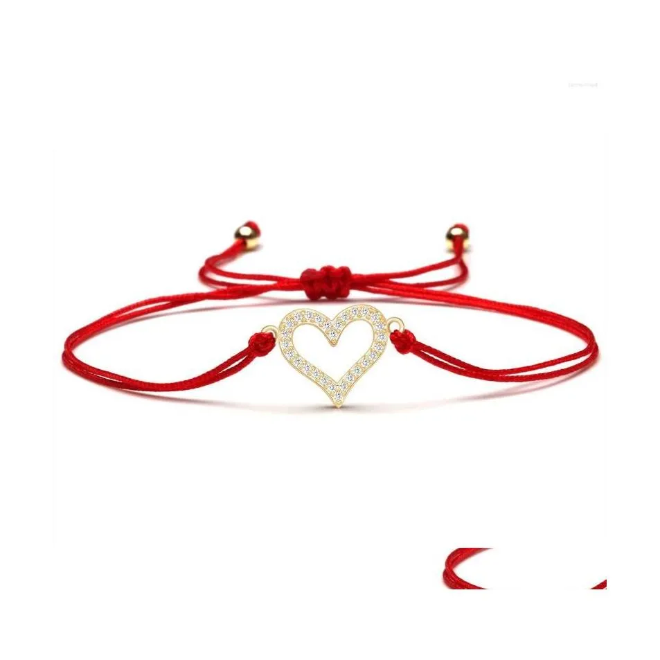 سحر أساور أبيض متألقة بلورات الزركونيا الكعبة خوخ الحب سوار القلب النحاس CZ Hollowedout Red String Lover Gift D DHDP2